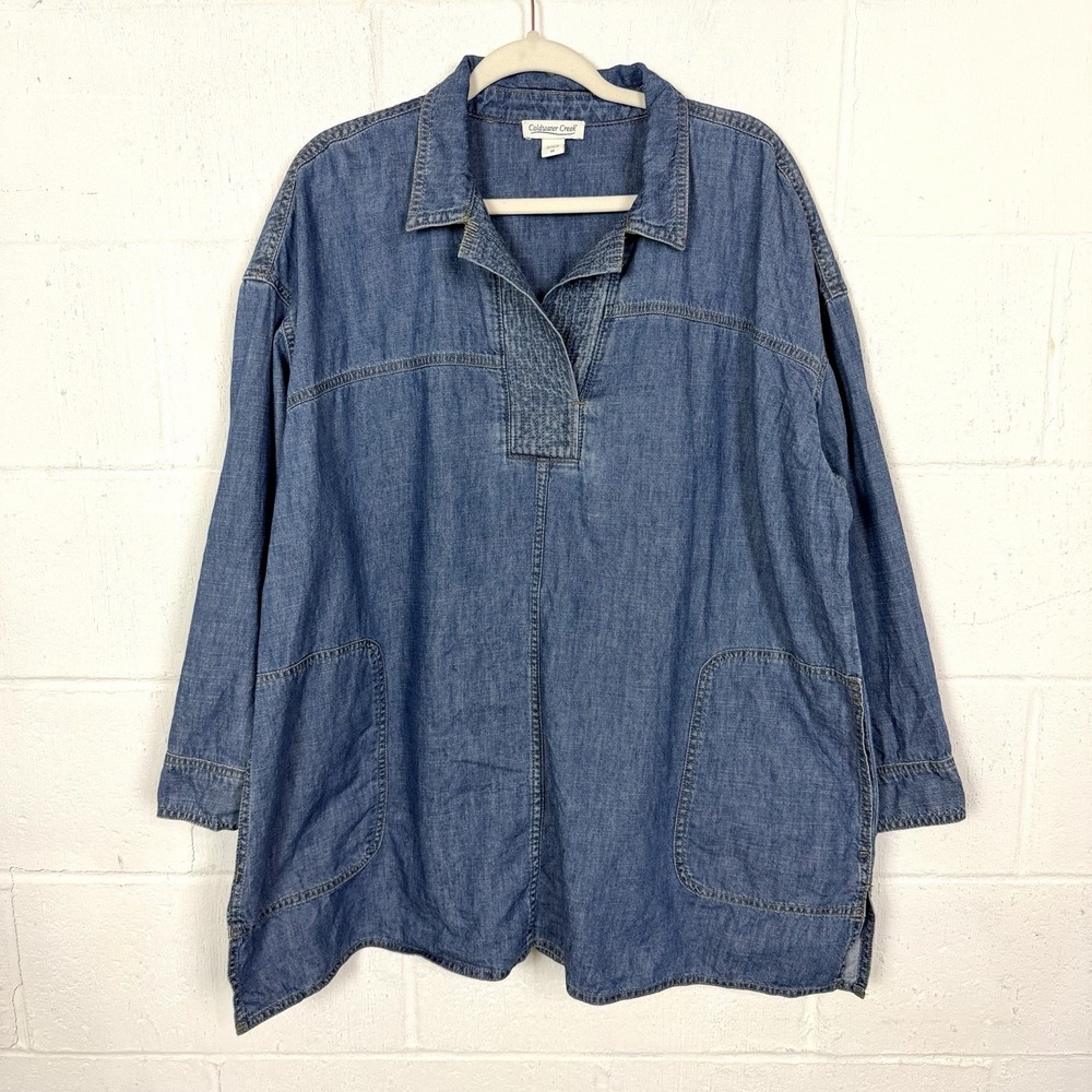 Coldwater Creek Denim Collared Popover Tunic Pockets Swing Western Peasant SZ 1X